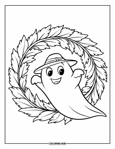 Coloriage de fantômes pour enfants : Un fantôme souriant regarde à travers un grand anneau de feuilles avec un petit chapeau
