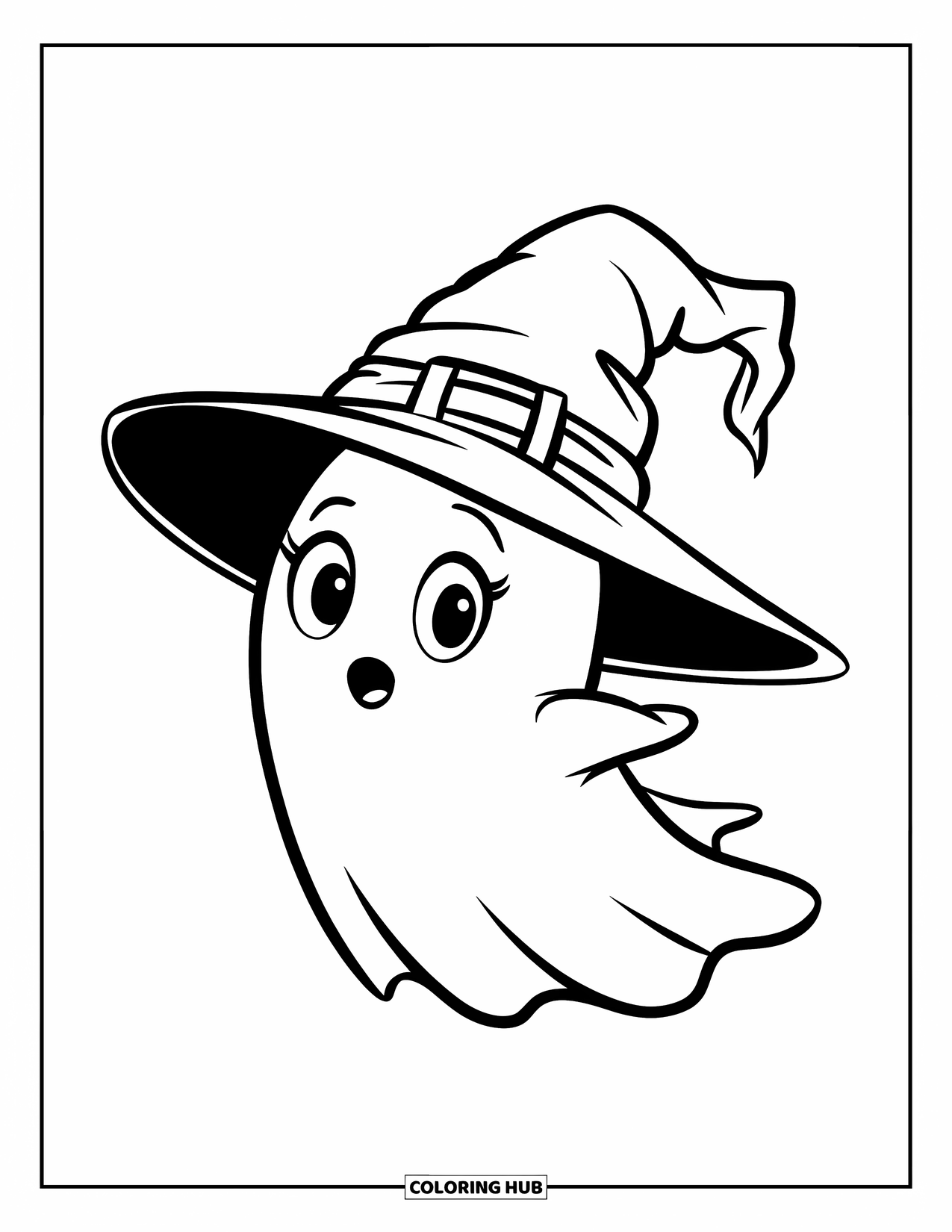 Ghost Coloring Page for Kids: A tiny ghost in a floppy wizard hat floats in the air with wide eyes