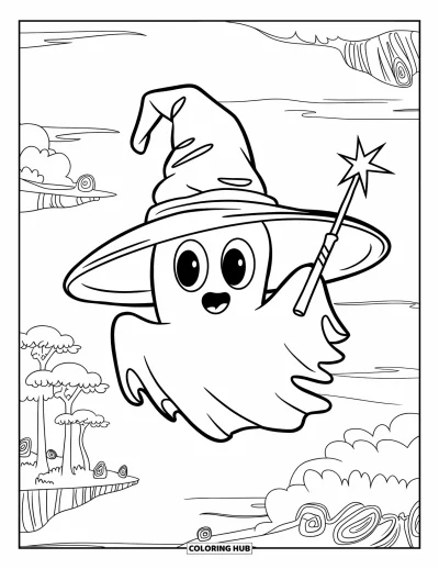 Coloriage de fantômes pour enfants : Un petit fantôme avec une baguette magique flotte parmi des nuages et des îles flottantes