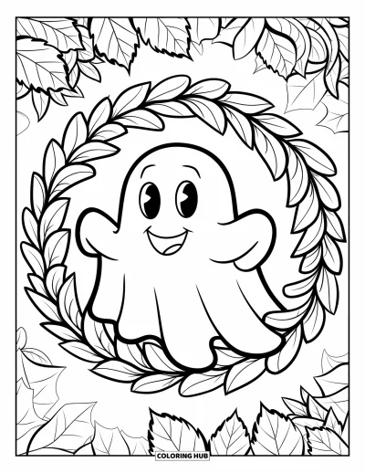 Coloriage de fantômes pour enfants : Un fantôme transparent sourit entouré d'un cercle de feuilles éparpillées