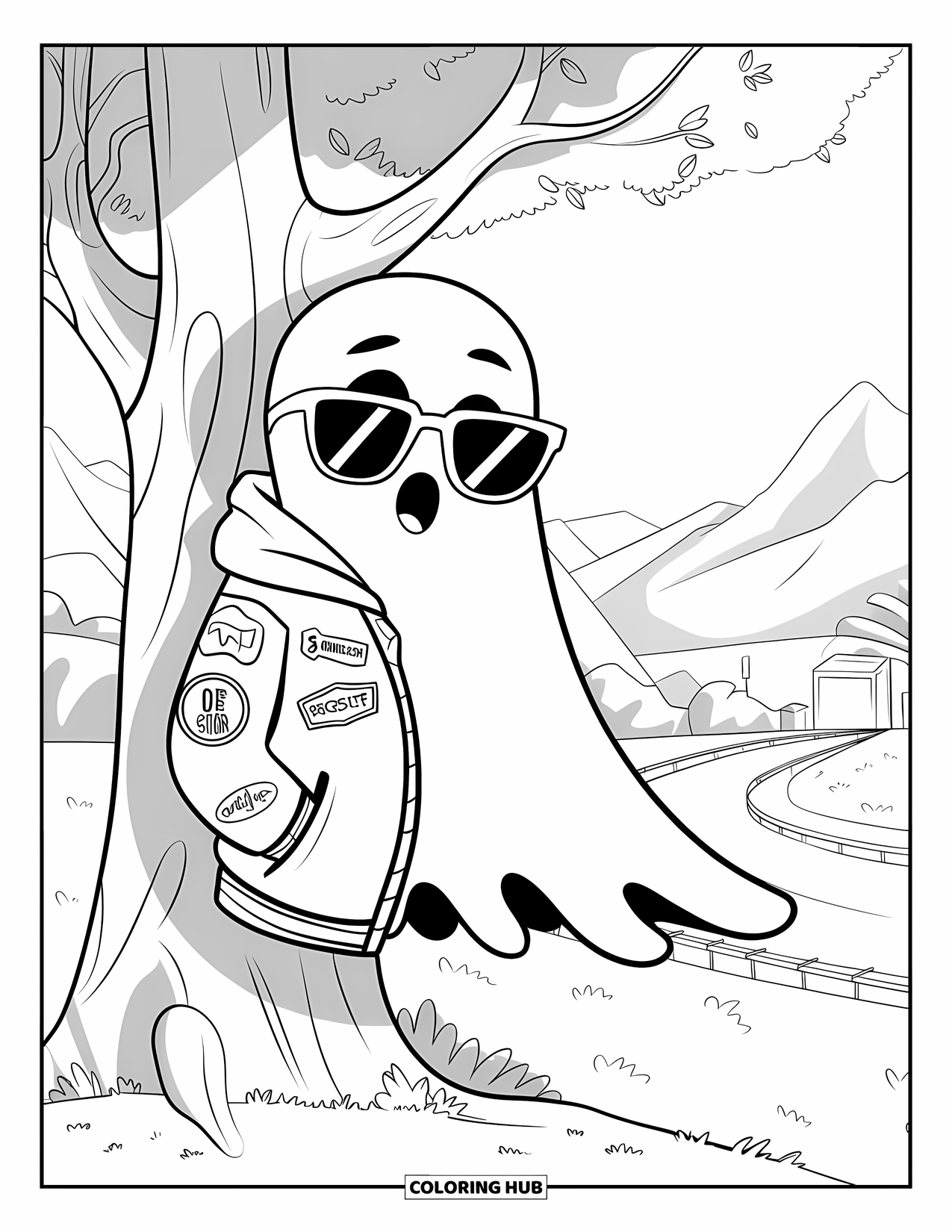 Ghost Coloring Page for Kids: A trendy ghost with patches and a scarf poses beside a tree near the mountains