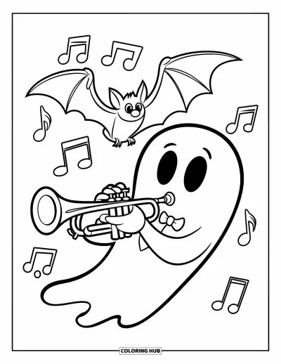 Coloriage de fantômes pour enfants : Un fantôme jouant de la trompette se produit sous une chauve-souris en vol avec des notes de musique dans l'air