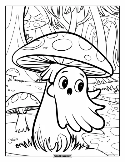 Coloriage de fantômes pour enfants : Un fantôme aux grands yeux se cache derrière un champignon dans une forêt magique