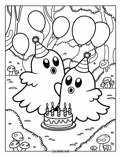Coloriage de fantômes pour enfants : Un fantôme assis et un fantôme debout fêtent avec des ballons et un gâteau dans une forêt