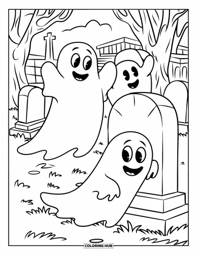 Coloriage de fantômes pour enfants : Des fantômes souriants se cachent derrière des pierres tombales et des arbres dans un cimetière paisible