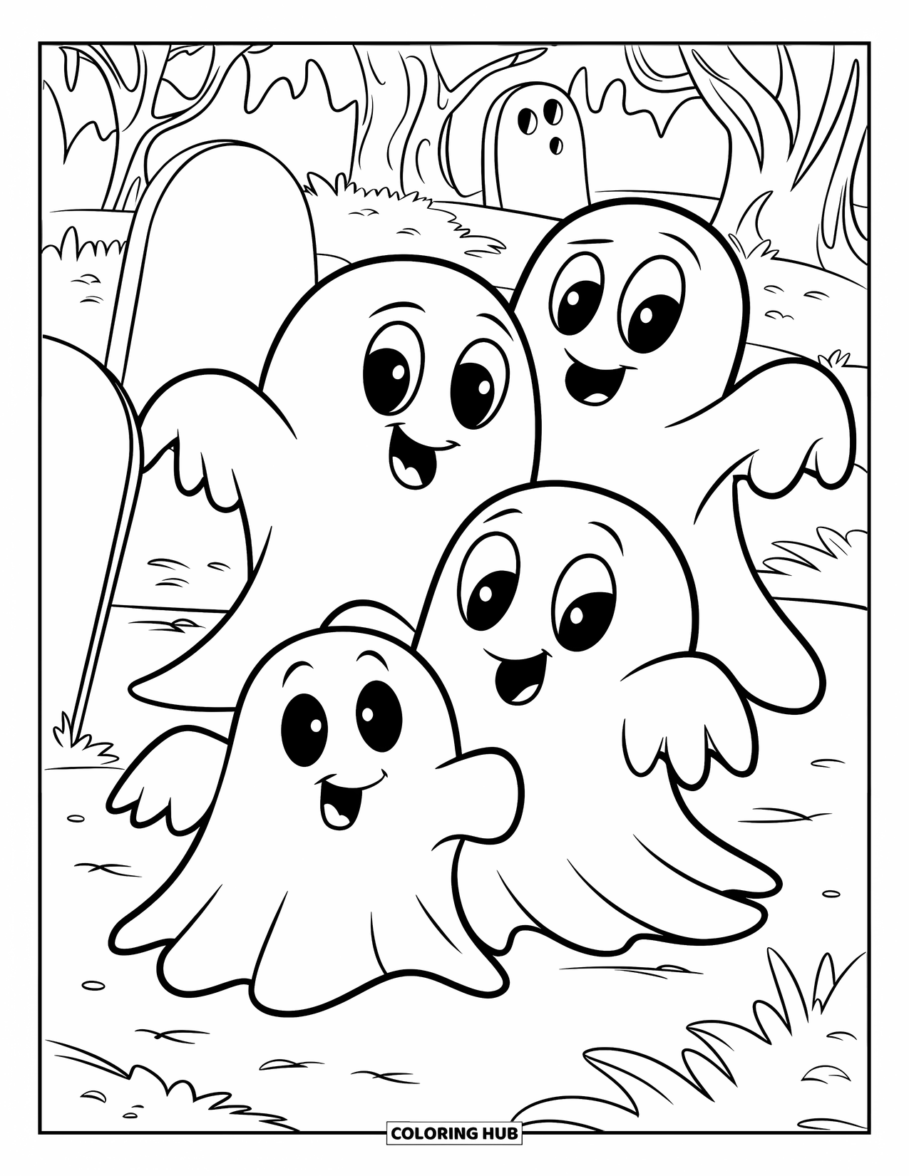 Ghost Coloring Page for Kids: Three friendly ghosts play hide-and-seek among tombstones and trees