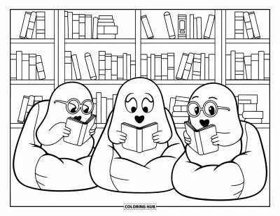 Coloriage de fantômes pour enfants : Trois fantômes avec des lunettes lisent des livres assis sur des poufs dans une bibliothèque douillette