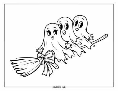 Coloriage de fantômes pour enfants : Trois fantômes en lambeaux chevauchent un balai avec un nœud attaché au manche