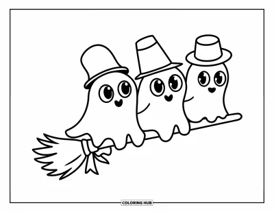 Coloriage de fantômes pour enfants : Trois petits fantômes avec de grands chapeaux et des yeux ronds chevauchent un balai