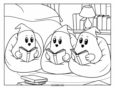 Coloriage de fantômes pour enfants : Trois fantômes ronds lisent sur des poufs sous une lampe dans une pièce douillette