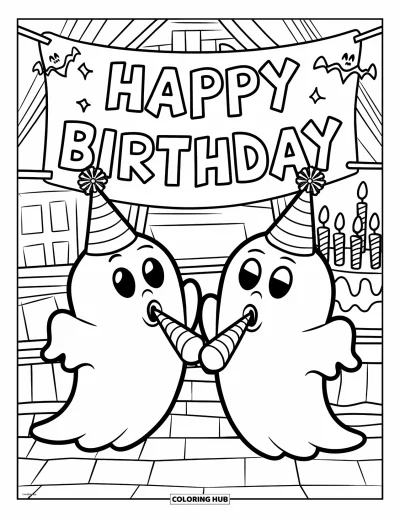 Coloriage de fantômes pour enfants : Deux fantômes d'anniversaire dans une maison hantée fêtent avec des chapeaux, des trompettes et un gâteau