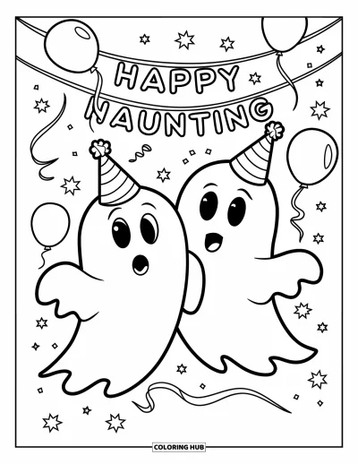 Coloriage de fantômes pour enfants : Deux fantômes avec des chapeaux de fête soufflent dans des trompettes sous une bannière « Happy Haunting » avec des ballons et des serpentins