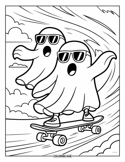 Coloriage de fantômes pour enfants : Deux fantômes avec des lunettes de soleil font du skateboard sous des vents tourbillonnants et un ciel nuageux