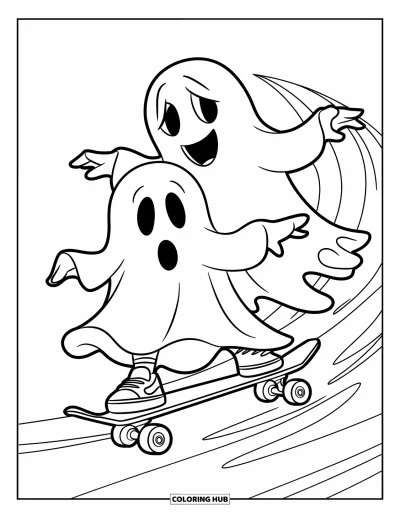 Coloriage de fantômes pour enfants : Deux fantômes font du skateboard avec le vent tourbillonnant derrière eux