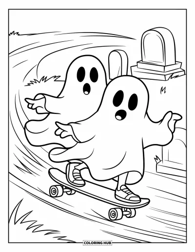Coloriage de fantômes pour enfants : Deux fantômes font du skateboard devant des pierres tombales tandis que le vent tourbillonne dans le cimetière