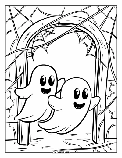 Coloriage de fantômes pour enfants : Deux fantômes franchissent prudemment une entrée couverte de toiles d'araignée