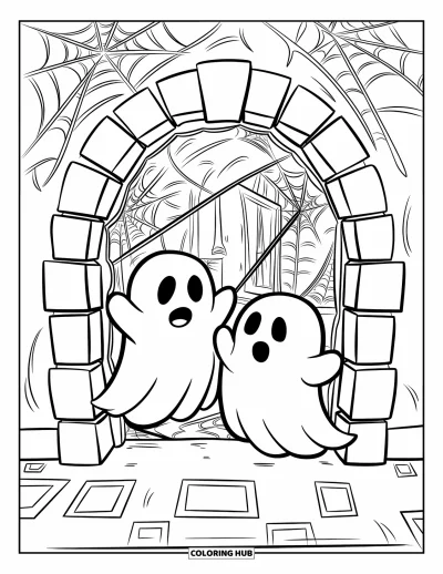 Coloriage de fantômes pour enfants : Deux fantômes traversent une arche de pierre pour entrer dans une pièce sombre avec des sols à motifs