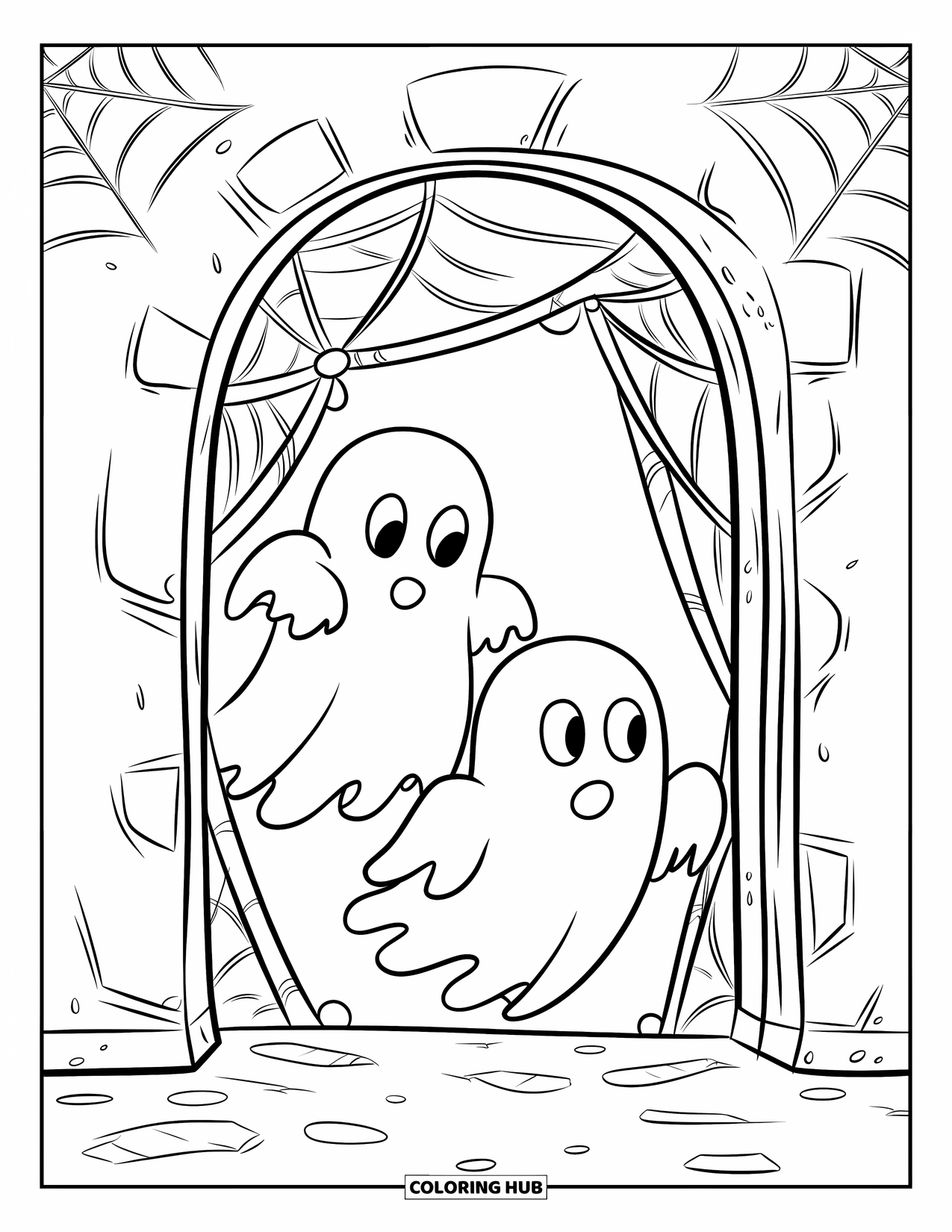 Ghost Coloring Page for Kids: Two round ghosts peek through a cracked doorway filled with cobwebs
