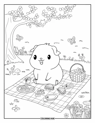 Desenho de Porquinho-da-Índia para Adultos: Porquinho-da-índia desfruta de um piquenique aconchegante com vegetais cortados e flores ao redor da grama
