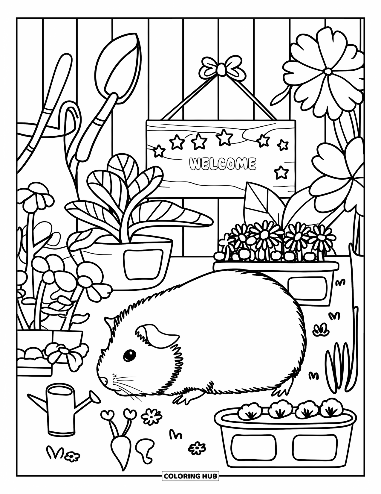 Meerschweinchen Ausmalbild für Erwachsene: Meerschweinchen erkundet einen gemütlichen Garten voller Blumen, Werkzeuge und einem Willkommensschild