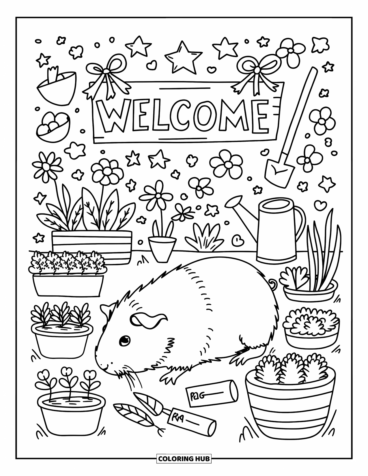 Meerschweinchen Ausmalbild für Erwachsene: Meerschweinchen erkundet einen Mini-Garten mit großen Blumen und niedlichen Gartengeräten