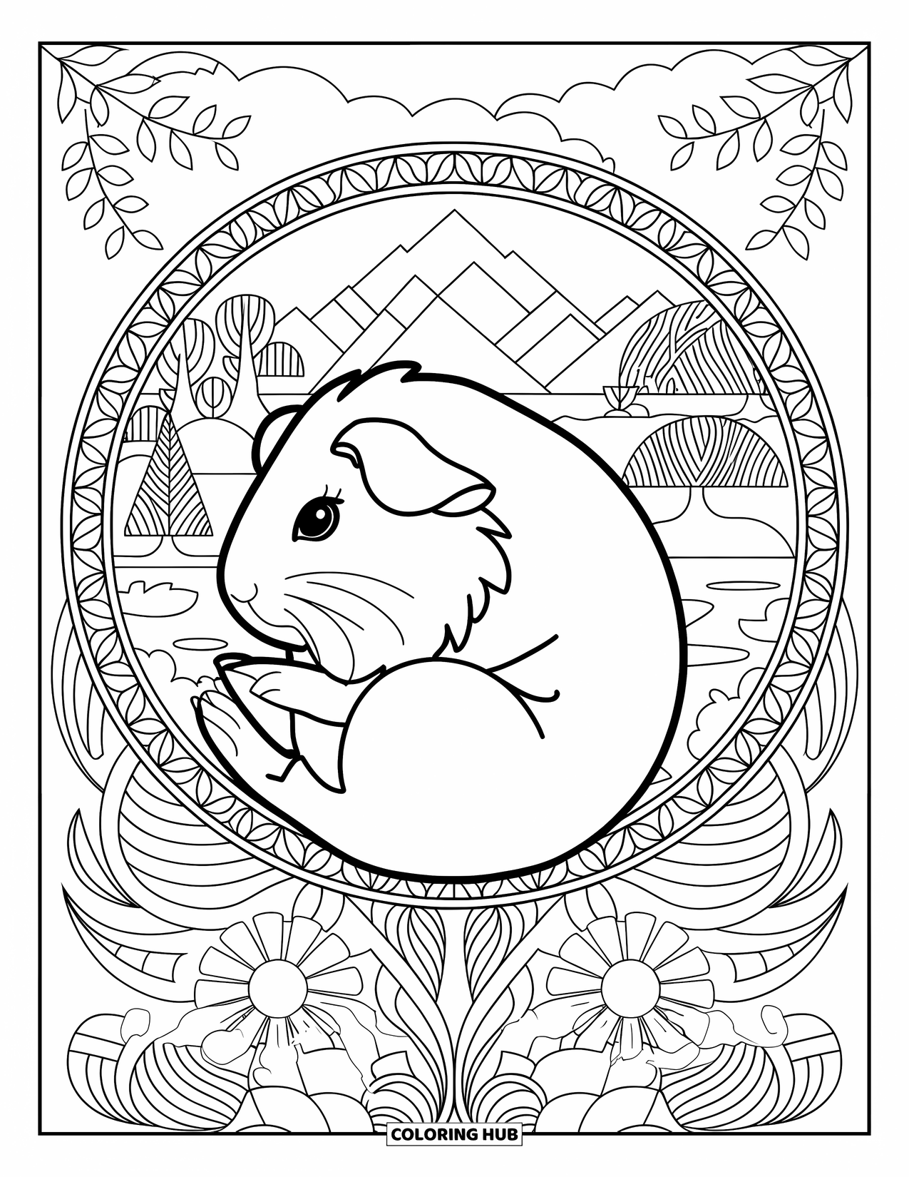 Meerschweinchen Ausmalbild für Erwachsene: Meerschweinchen in Lotusposition sitzt in einem Kreis mit Blumen, Bäumen und Wasser in der Nähe