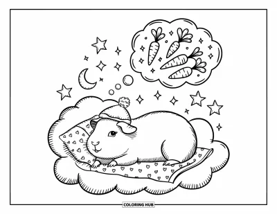 Desenho de Porquinho-da-Índia para Adultos: Porquinho-da-índia deita-se em uma cama de nuvem aconchegante cercada por brilhos e sonhos suaves
