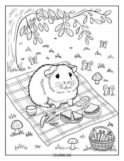 Desenho de Porquinho-da-Índia para Adultos: Porquinho-da-índia em uma manta de piquenique é cercado por frutas, sanduíches e borboletas