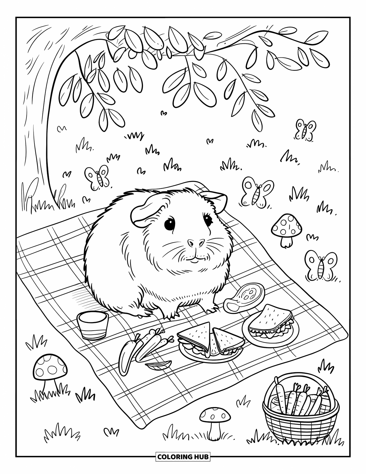 Meerschweinchen Ausmalbild für Erwachsene: Meerschweinchen auf einer Picknickdecke ist von Früchten, Sandwiches und Schmetterlingen umgeben