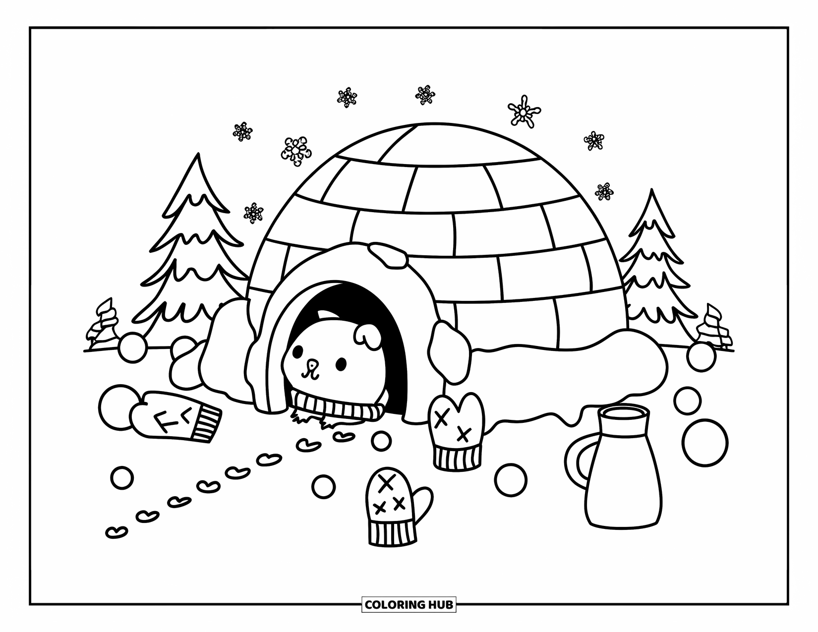 Meerschweinchen Ausmalbild für Erwachsene: Meerschweinchen späht aus einem Schnee-Iglu mit einem Schal und einem winzigen Schneemann in der Nähe hervor