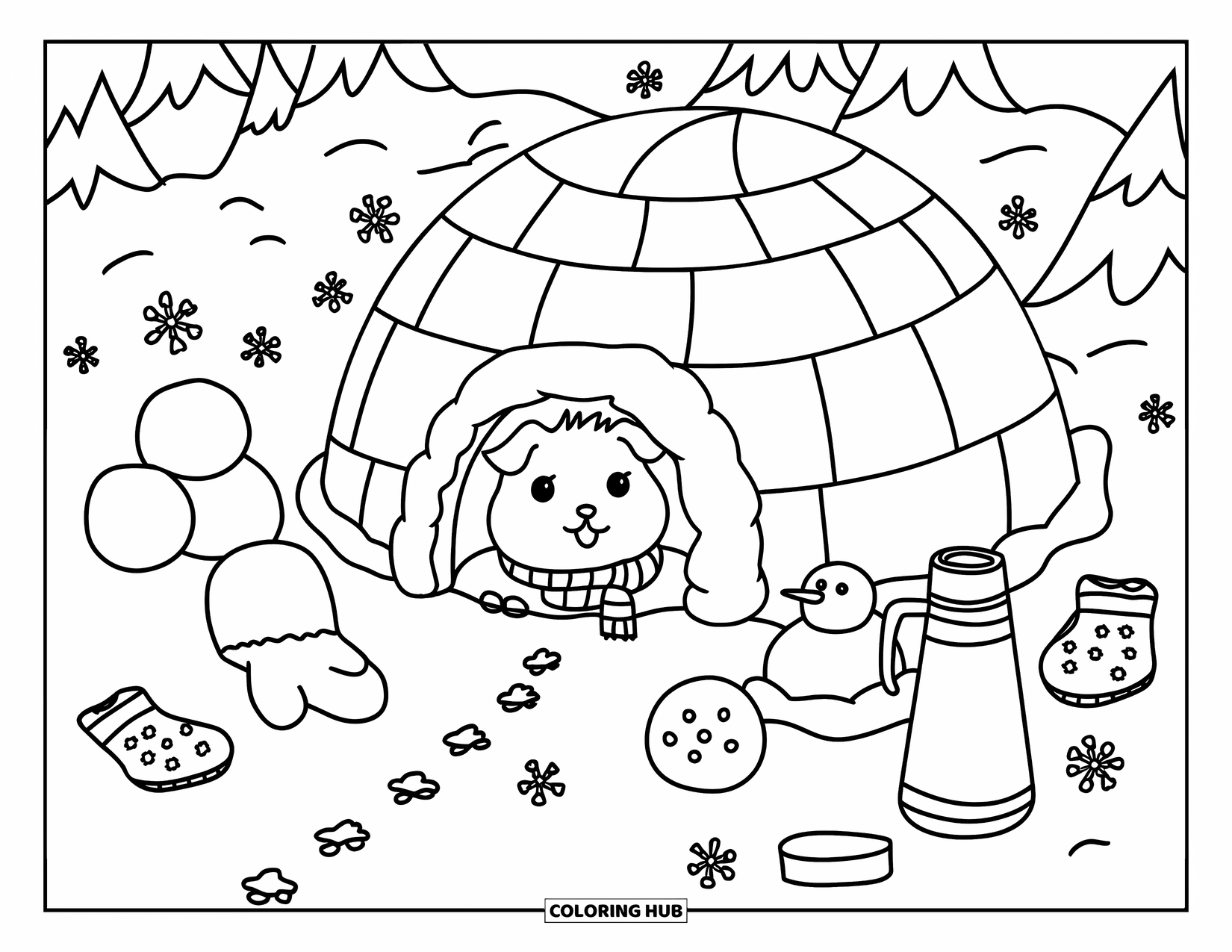 Meerschweinchen Ausmalbild für Erwachsene: Meerschweinchen späht aus einem verschneiten Iglu, umgeben von Kiefern und verspielten Kritzeleien