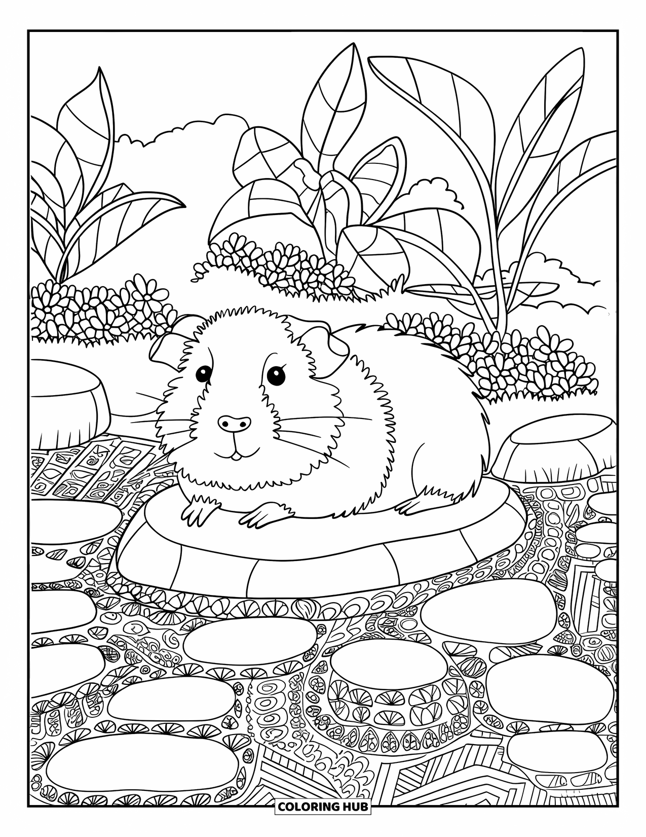 Meerschweinchen Ausmalbild für Erwachsene: Meerschweinchen ruht in einem ruhigen Teegarten mit gemusterten Steinen und winzigen Pflanzen