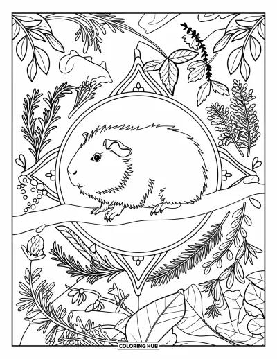 Desenho de Porquinho-da-Índia para Adultos: Porquinho-da-índia descansa em um galho cercado por manjericão, tomilho e desenhos florais