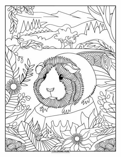 Desenho de Porquinho-da-Índia para Adultos: Porquinho-da-índia descansa em uma rocha entre árvores, flores e desenhos folhosos rodopiantes