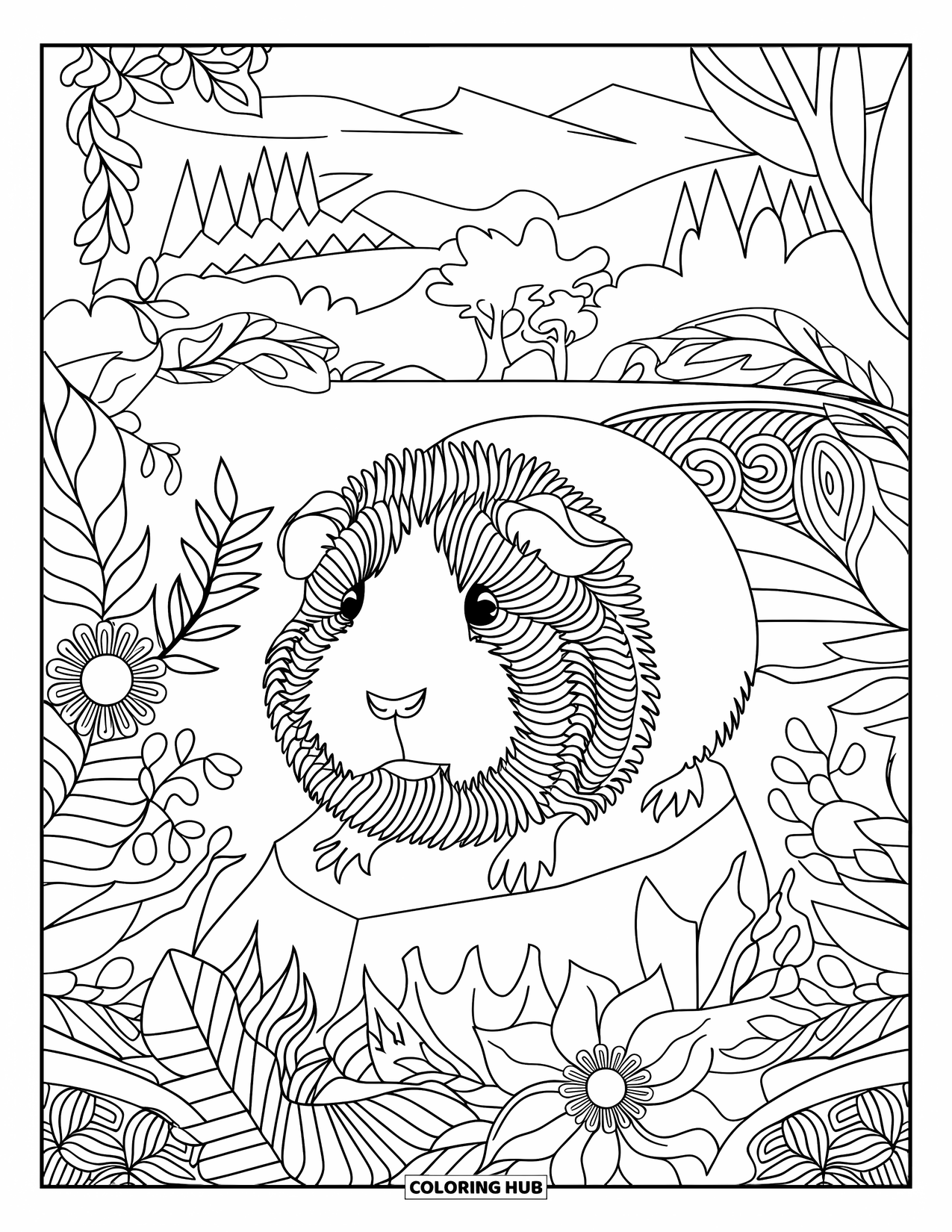 Meerschweinchen Ausmalbild für Erwachsene: Meerschweinchen ruht auf einem Felsen zwischen Bäumen, Blumen und wirbelnden Blätterdesigns