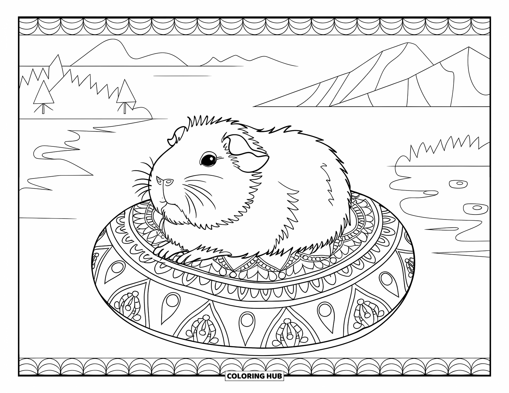 Meerschweinchen Ausmalbild für Erwachsene: Meerschweinchen ruht friedlich auf einem Mandala-Kissen an einem ruhigen See und Bergen