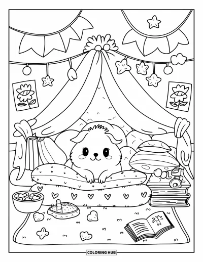 Desenho de Porquinho-da-Índia para Adultos: Porquinho-da-índia senta-se em um forte feito de livros e travesseiros com estrelas e brinquedos macios