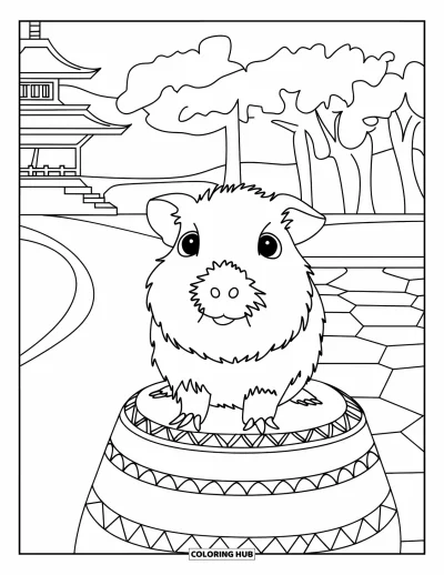Desenho de Porquinho-da-Índia para Adultos: Porquinho-da-índia senta-se em um caminho de pedra perto de um pagode cercado por árvores