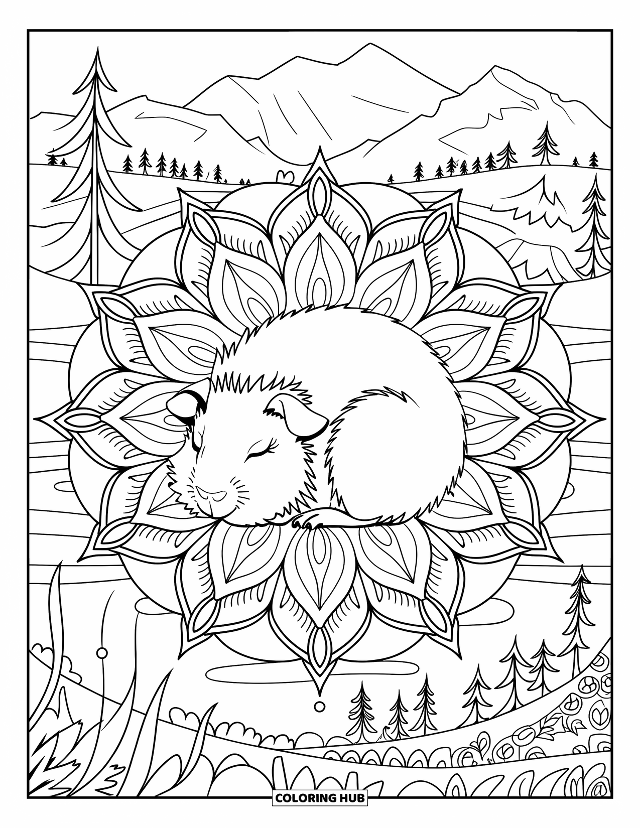 Meerschweinchen Ausmalbild für Erwachsene: Meerschweinchen schläft in einem floralen Mandala mit Bergen und Bäumen im Hintergrund