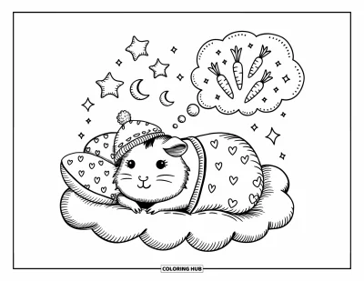 Desenho de Porquinho-da-Índia para Adultos: Porquinho-da-índia dorme em uma cama de nuvem com estrelas, luas e cenouras flutuantes dos sonhos