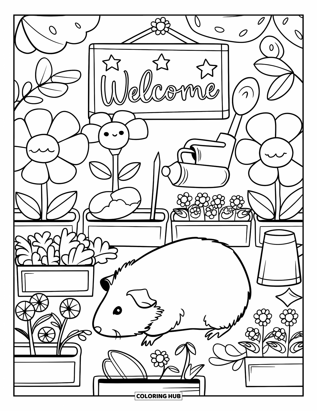 Disegno da colorare per adulti: Porcellino d'India annusa fiori e verdure in un piccolo giardino accogliente con vasi etichettati
