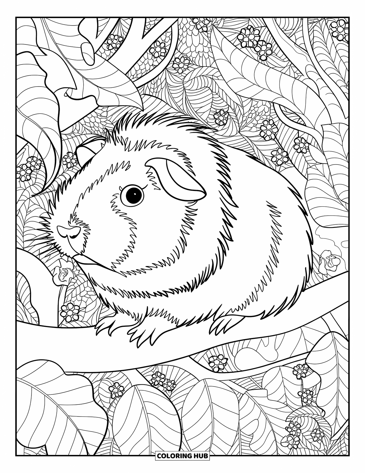 Meerschweinchen Ausmalbild für Erwachsene: Meerschweinchen mit strukturierter Fell ruht zwischen Blumen und blättrigen Walddetails