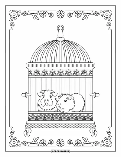 Desenho de Porquinho-da-Índia para Adultos: Par de porquinhos-da-índia descansam em uma gaiola estampada em estilo vitoriano com bordas florais