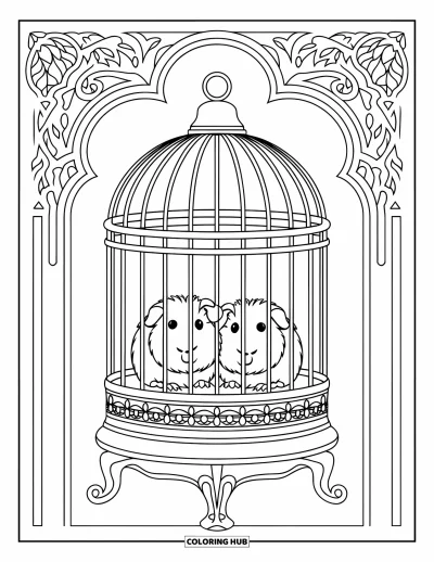 Desenho de Porquinho-da-Índia para Adultos: Dois porquinhos-da-índia sentam-se em uma gaiola vitoriana ornamentada em um suporte de madeira