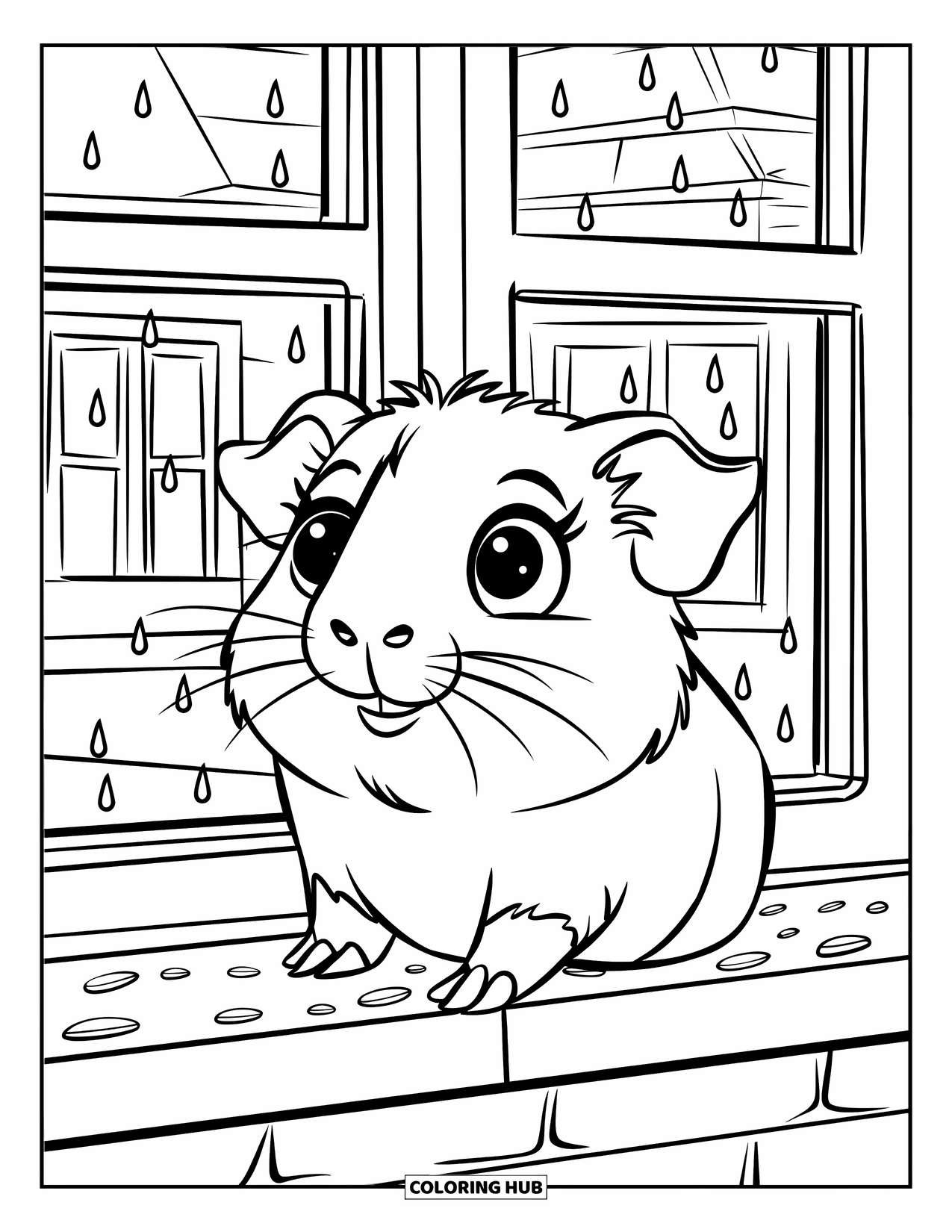 Meerschweinchen Ausmalbild für Kinder: Neugieriges Meerschweinchen beobachtet, wie Regentropfen vor dem Fenster fallen
