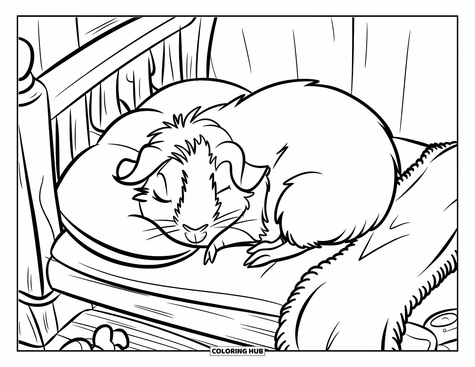 Meerschweinchen Ausmalbild für Kinder: Meerschweinchen rollt sich in einem weichen Bett mit Kissen und Spielzeug in der Nähe zusammen