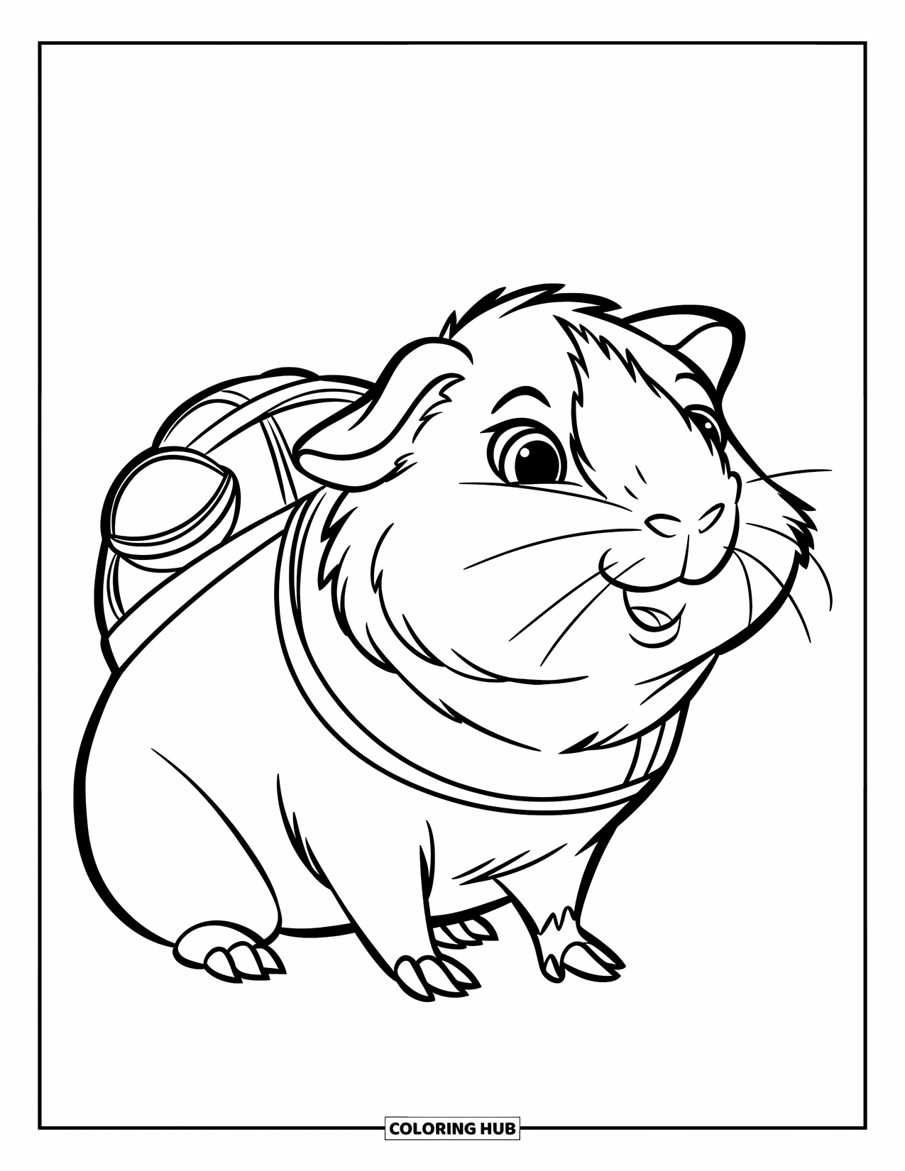 Meerschweinchen Ausmalbild für Kinder: Meerschweinchen-Entdecker steht aufrecht mit einem Rucksack, bereit für ein Abenteuer