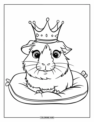 Desenho de porquinho-da-índia para colorir para crianças: Porquinho-da-índia com uma coroa senta orgulhoso em uma almofada macia e fofa