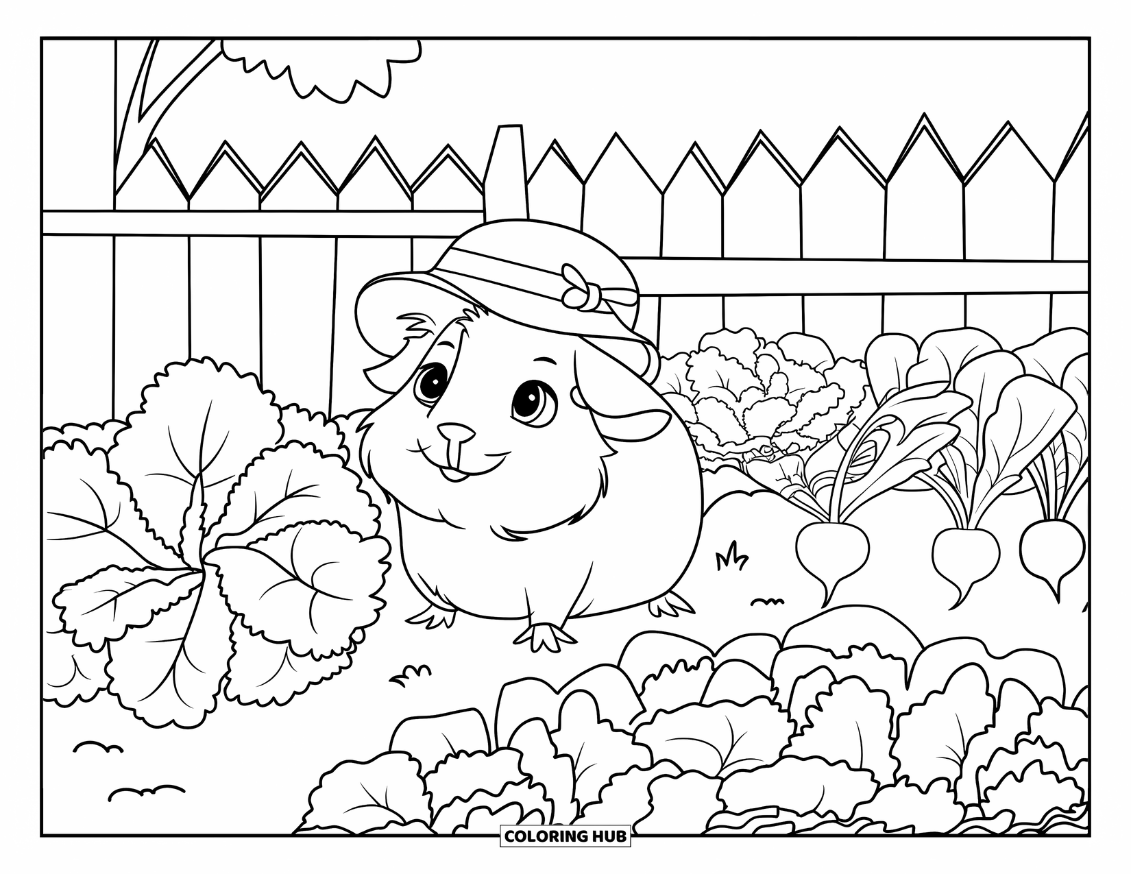 Meerschweinchen Ausmalbild für Kinder: Meerschweinchen mit einem niedlichen Hut sitzt auf einer Bank in einem mit Gemüse gefüllten Garten