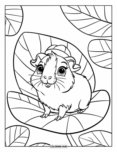 Desenho de Porquinho-da-Índia para Crianças: Porquinho-da-índia com um chapéu fofo senta-se em uma folha grande com formas simples por perto